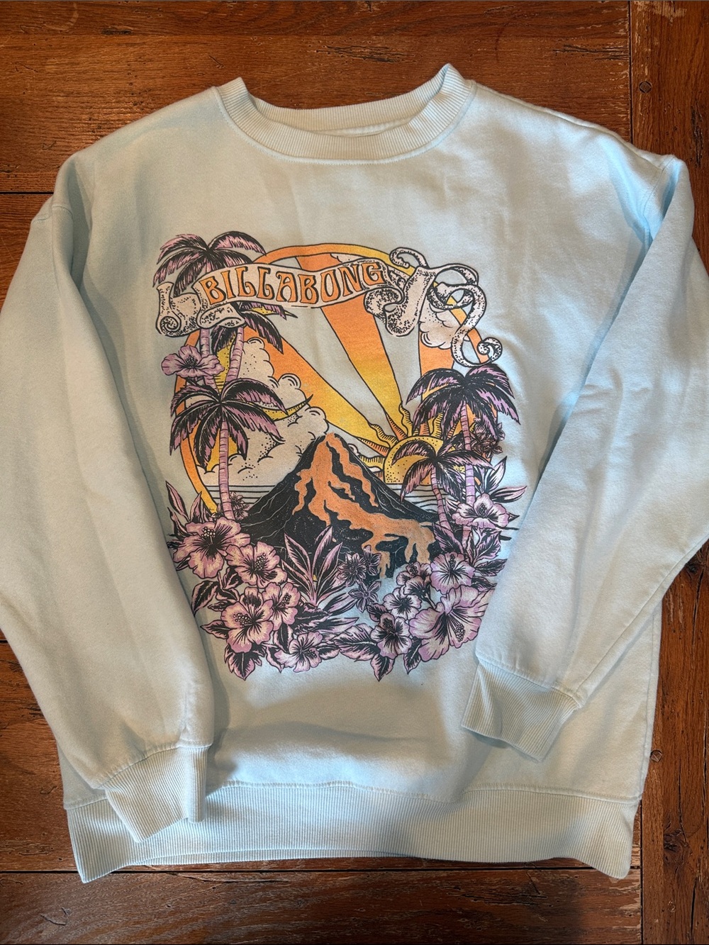 Billabong Light Blue Crewneck with Tropical Sunset Graphic
